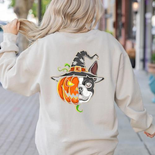 Boston Terrier Pumpkin Jack O Lantern Halloween Women's Sweatshirt Back Print - Bostonterriersmerch.com