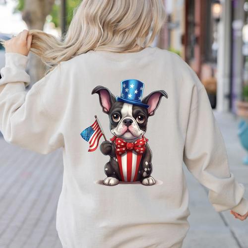 Boston Terrier Puppy Dog Holds His American Flag 4th Of July Women's Sweatshirt Back Print - Bostonterriersmerch.com