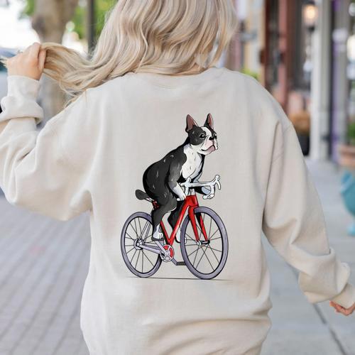 Boston Terrier Riding Bicycle Cute Bostie Biker Raglan Baseball Tee Women's Sweatshirt Back Print - Bostonterriersmerch.com