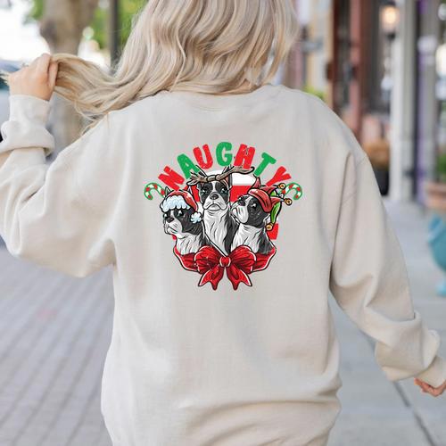 Boston Terrier Santa Claus Elf Reindeer Christmas Dog X-Mas Women's Sweatshirt Back Print - Bostonterriersmerch.com