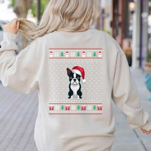 Boston Terrier Wearing Santa Hat Ugly Xmas Dog Lovers Women's Sweatshirt Back Print - Bostonterriersmerch.com