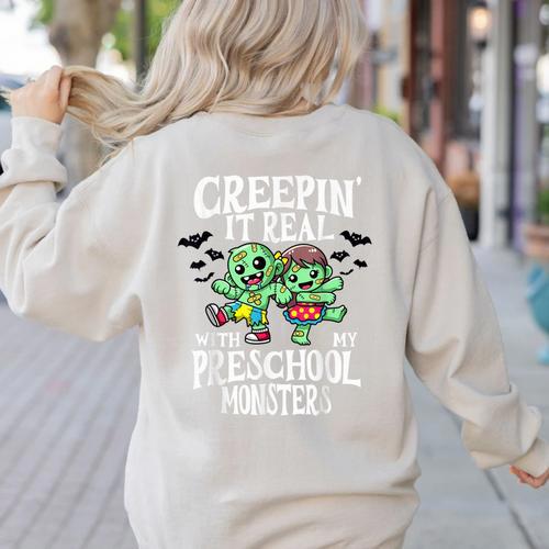 Creepin It Real Monster School Preschool Teacher Halloween Women's Sweatshirt Back Print - teacherstshirts.com AU