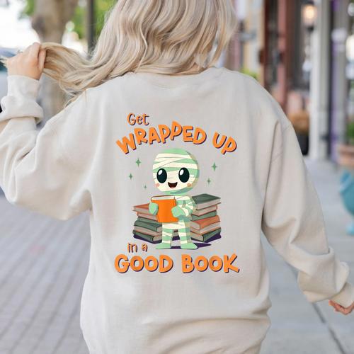 Cute Halloween Teacher Librarian Mummy Reading Books Women's Sweatshirt Back Print - teacherstshirts.com