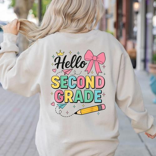 Cute Hello Second Grade Back To School Coquette Teacher Girl Women's Sweatshirt Back Print - teacherstshirts.com CA