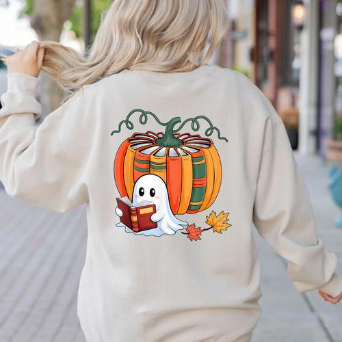 Fall Book Pumpkin Books Ghost Reading Halloween Teacher Women's Sweatshirt Back Print - teacherstshirts.com DE