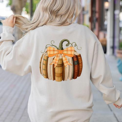 Fall Book Pumpkin Halloween Teacher Librarian Thanksgiving Women's Sweatshirt Back Print - teacherstshirts.com