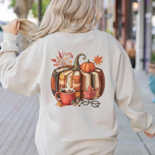 Fall Book Pumpkin Retro Reading Halloween Teacher Women's Sweatshirt Back Print - teacherstshirts.com