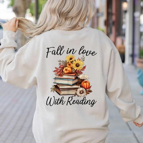 Fall In Love With Reading Book Autumn Teachers Pumpkins Women's Sweatshirt Back Print - teacherstshirts.com AU