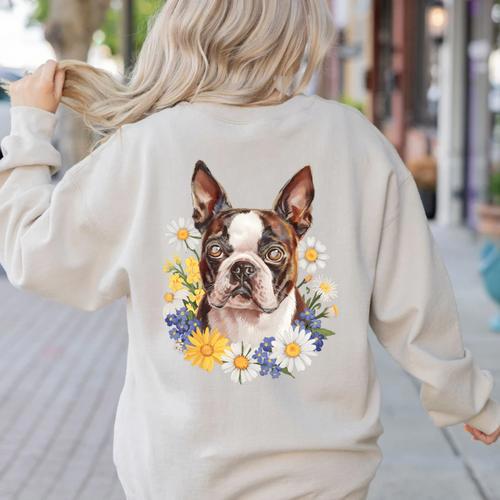 Floral Boston Terrier Women's Sweatshirt Back Print - Bostonterriersmerch.com CA