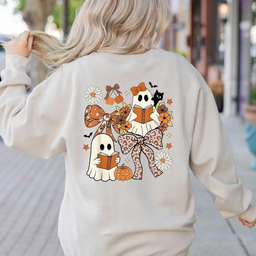 Ghost Reading Books Halloween Bow Spooky Teacher Student Women's Sweatshirt Back Print - teacherstshirts.com