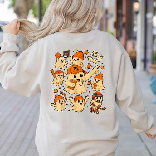 Halloween PE Teacher Costume Ghost Physical Education Women's Sweatshirt Back Print - teacherstshirts.com DE