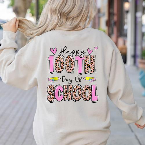 Happy 100th Day Of School Leopard Print Teacher Student Kids Women's Sweatshirt Back Print - teacherstshirts.com DE