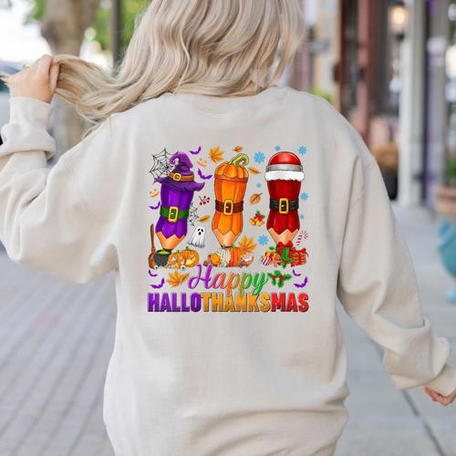 Happy Hallothanksmas Halloween Thanksgiving Pencils Teachers Women's Sweatshirt Back Print - teacherstshirts.com AU