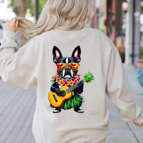 Hawaiian Boston Terrier & Pineapple Ukulele Summer Vacation Women's Sweatshirt Back Print - Bostonterriersmerch.com DE