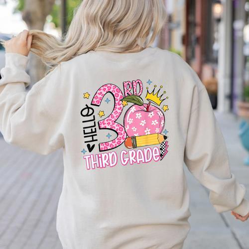 Hello 3rd Third Grade Back To School Pink Leopard Teacher Women's Sweatshirt Back Print - teacherstshirts.com UK