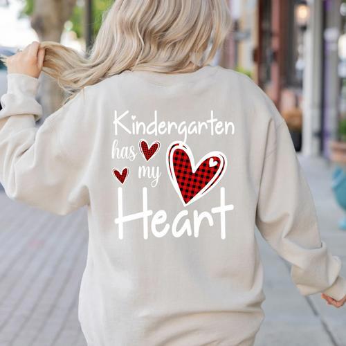 Kindergarten Has My Heart Buffalo Print Teacher Valentine Women's Sweatshirt Back Print - teacherstshirts.com