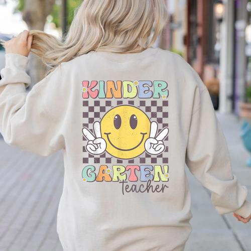 Kindergarten Teacher Team Hippie Smile Face Back To School Women's Sweatshirt Back Print - teacherstshirts.com