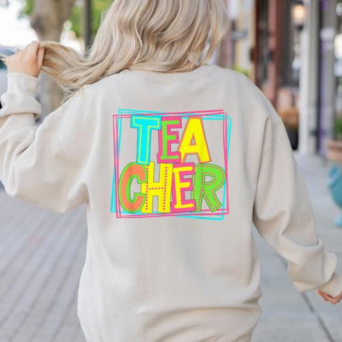 Neon Retro Teacher Cute Teacher Team New Teacher Back To Sch Women's Sweatshirt Back Print - teacherstshirts.com DE