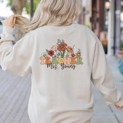 Personalized Name Teacher Mrs Young Back To School Custom Women's Sweatshirt Back Print - teacherstshirts.com AU