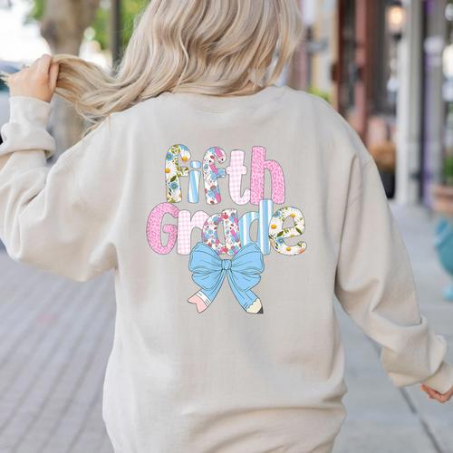 Preppy Fifth Grade Teacher Blue Floral Coquette Pencil Bow Women's Sweatshirt Back Print - teacherstshirts.com AU
