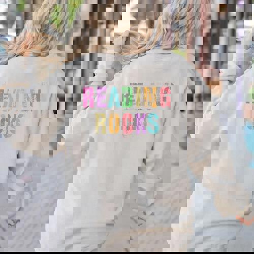 READING ROCKS English Teacher ELA ABCD Read Star Kinder Women&#x27;s Sweatshirt Back Print - teacherstshirts.com