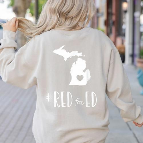 Red For Ed Michigan Teacher Public Education Women's Sweatshirt Back Print - teacherstshirts.com AU