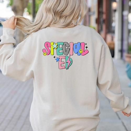 Retro Checkered Special Education Teacher Back To School Women's Sweatshirt Back Print - teacherstshirts.com
