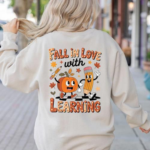 Retro Fall In Love With Learning Autumn Pumpkin Teacher Kids Women's Sweatshirt Back Print - teacherstshirts.com AU