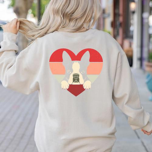 Retro Heart Boston Terrier Dog Vintage Valentine Women's Sweatshirt Back Print - Bostonterriersmerch.com