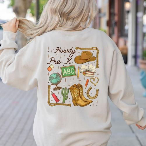 Retro Howdy Pre-K Back To School Western Teacher Women's Sweatshirt Back Print - teacherstshirts.com