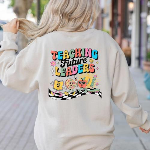 Retro Teaching Future Leaders Groovy Teacher Back To School Women's Sweatshirt Back Print - teacherstshirts.com CA