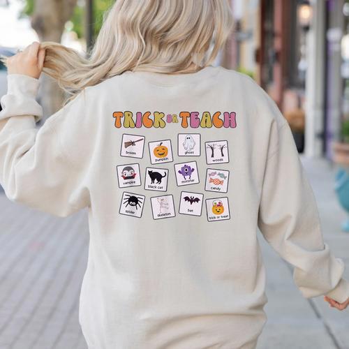 Retro Trick Or Treat Halloween Special Education Teacher Women's Sweatshirt Back Print - teacherstshirts.com UK
