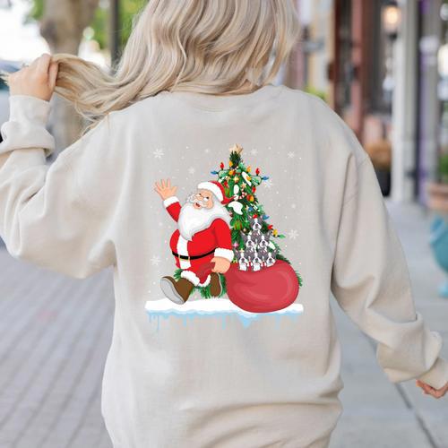 Santa Ugly Christmas Tree Lights Boston Terrier Dog Lover Women's Sweatshirt Back Print - Bostonterriersmerch.com