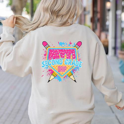 Second Grade Drip Ice Cream Home Plate Baseball Teachers Kid Women's Sweatshirt Back Print - teacherstshirts.com CA