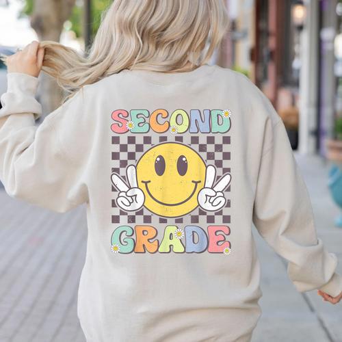 Second Grade Teachers Boys Girls Smile Face 2nd Grade Team Women's Sweatshirt Back Print - teacherstshirts.com CA