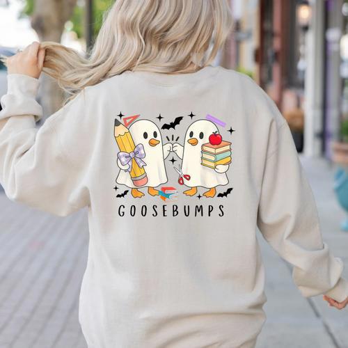 Silly Goose Spooky Teacher Halloween Cute Goosebumps Women's Sweatshirt Back Print - teacherstshirts.com