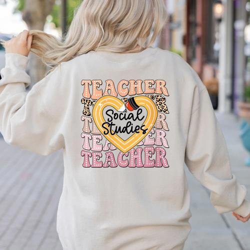 Social Studies Teacher Pencil Heart Leopard Back To School Women's Sweatshirt Back Print - teacherstshirts.com UK