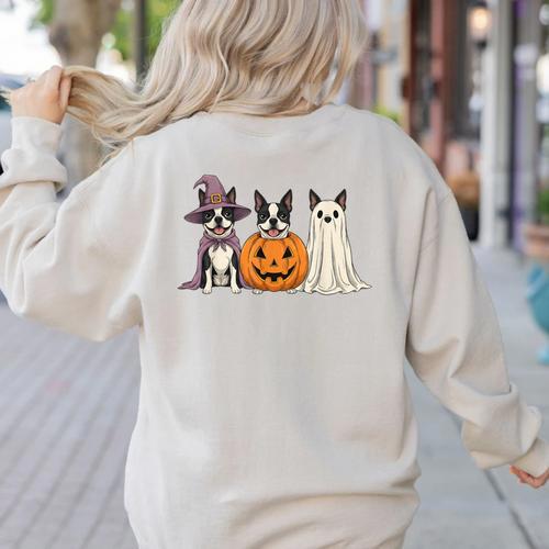 Spooky Ghost Boston Terrier Pumpkin Halloween Dog Lover Women's Sweatshirt Back Print - Bostonterriersmerch.com