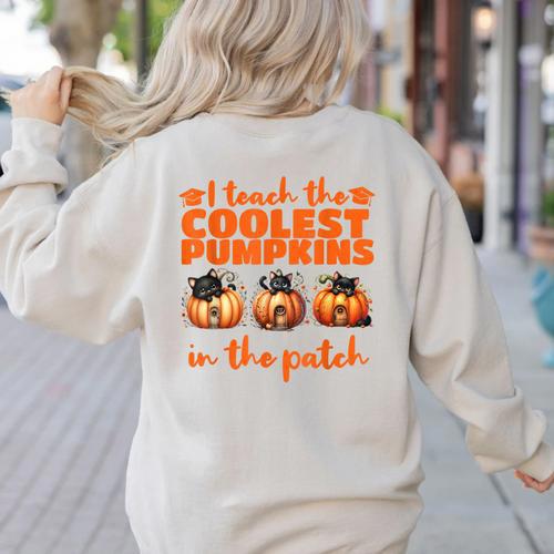 I Teach The Cutest Pumpkins Halloween Teacher Cat Lover Women's Sweatshirt Back Print - teacherstshirts.com UK