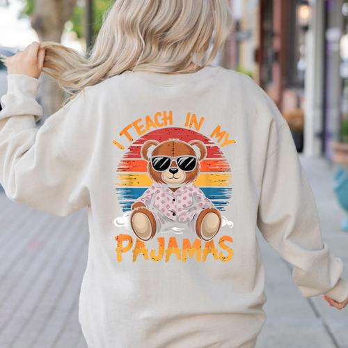 I Teach In My Pajamas Teacher Sunset Bear Retro Women's Sweatshirt Back Print - teacherstshirts.com