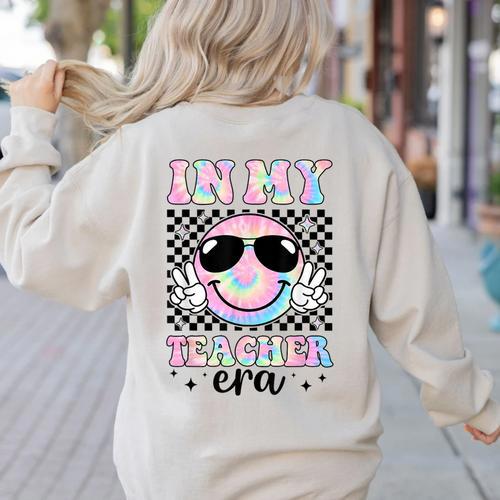 In My Teacher Era Groovy Tie Dye Back To School Cute Teacher Women's Sweatshirt Back Print - teacherstshirts.com CA