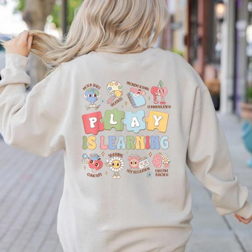 Teacher Groovy Play Is Learning Back To School Women's Sweatshirt Back Print - teacherstshirts.com UK