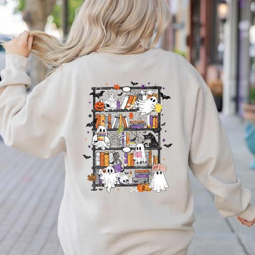 Teacher Library Ghost Reading Book Halloween Cat Women's Sweatshirt Back Print - teacherstshirts.com