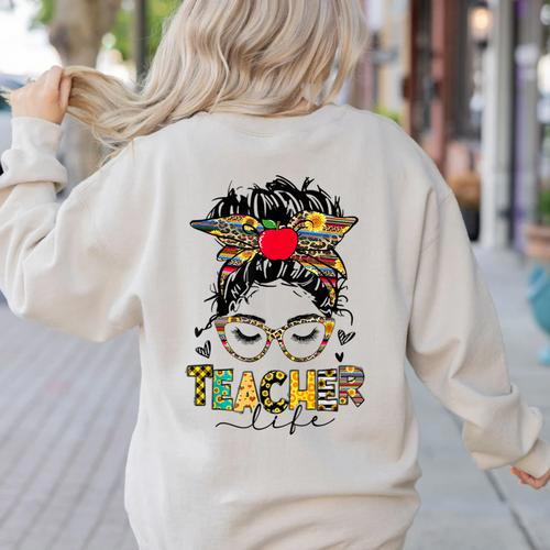Teacher Life Messy Bun Glasses Leopard Sunflower Women's Sweatshirt Back Print - teacherstshirts.com AU