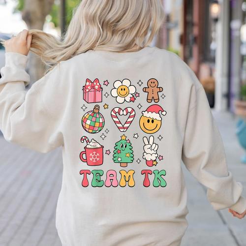 Team TK Teacher Christmas Groovy Smile Face Girl Boy Kid TK Women's Sweatshirt Back Print - teacherstshirts.com AU