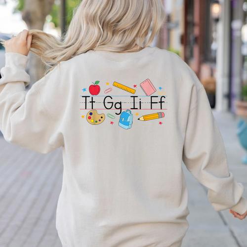 TGIF Teacher Alphabet Kindergarten Teacher Appreciation Women's Sweatshirt Back Print - teacherstshirts.com CA