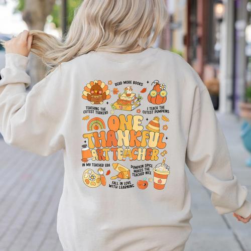 Thanksgiving One Thankful Art Teacher Fall Groovy Men Women Women's Sweatshirt Back Print - teacherstshirts.com AU