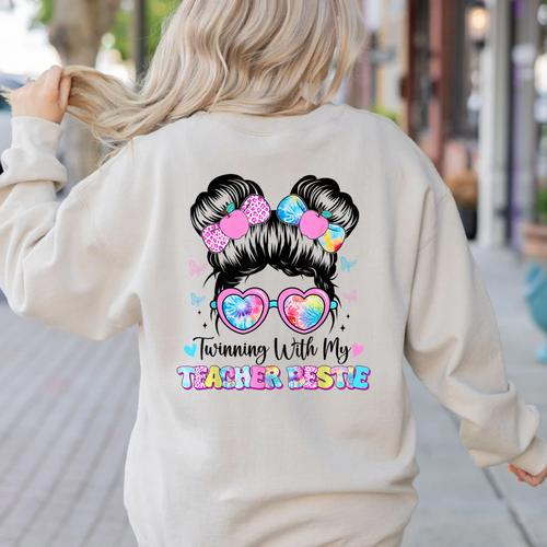 Twinning With My Teacher Bestie Twin Day Friends Teacher Women's Sweatshirt Back Print - teacherstshirts.com DE