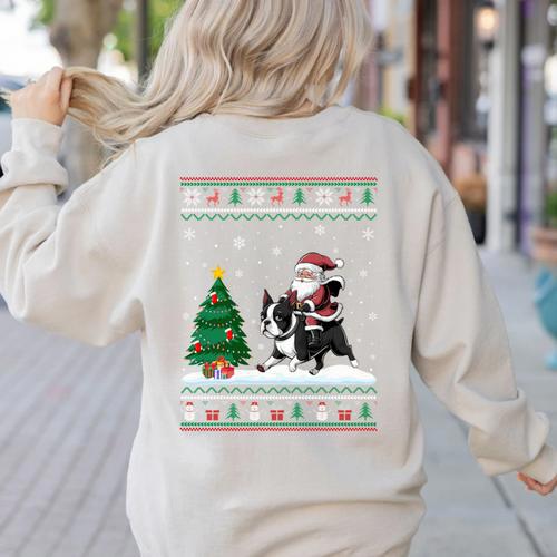 Ugly Christmas Tree Lights Xmas Santa Riding Boston Terrier Women's Sweatshirt Back Print - Bostonterriersmerch.com