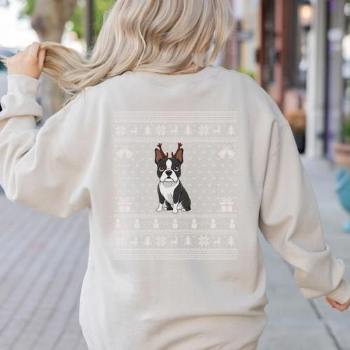 Ugly Xmas Sweater Style Boston Terrier Reindeer Christmas Women's Sweatshirt Back Print - Bostonterriersmerch.com